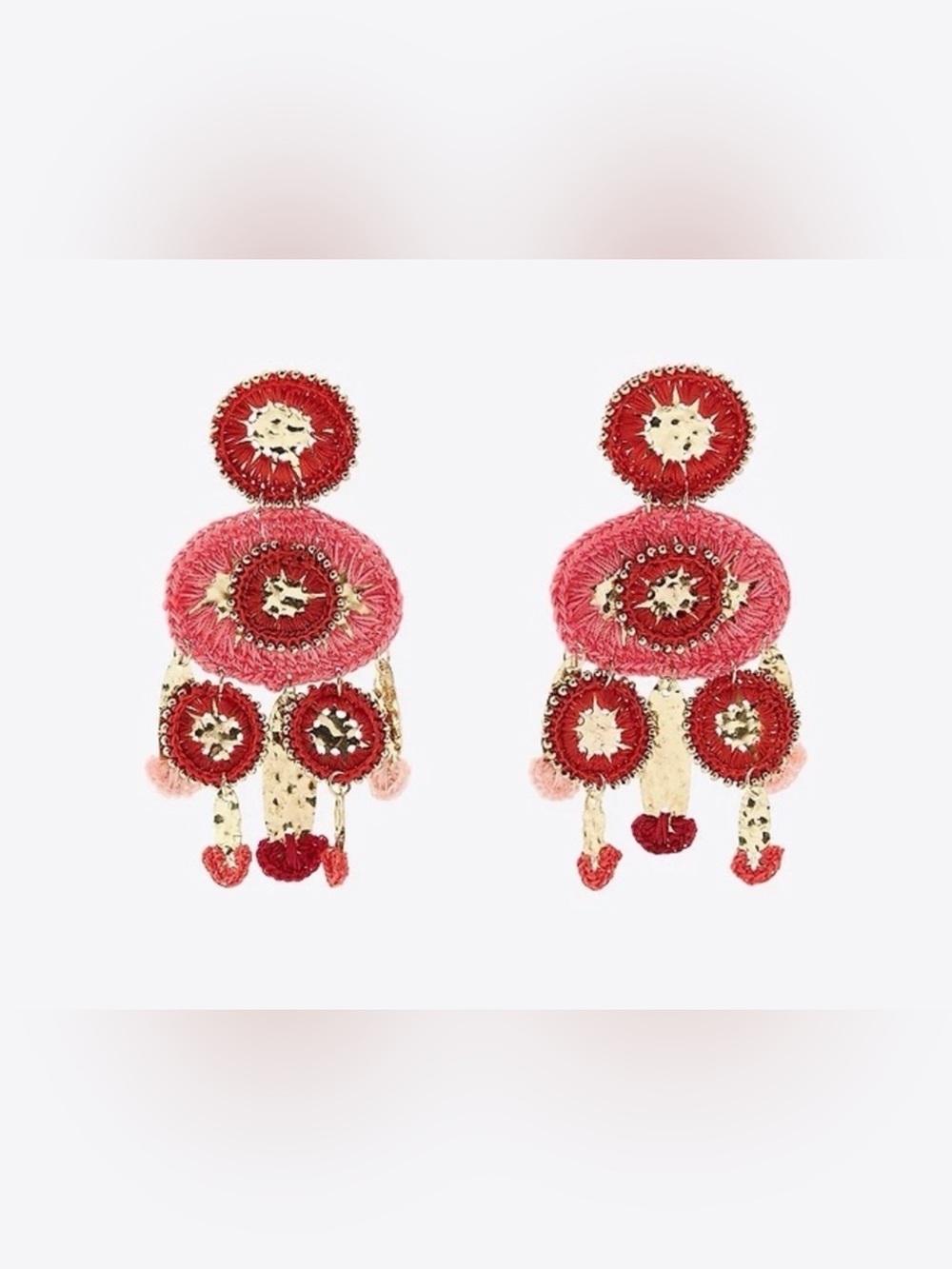 Zara Pink and Red Embroidered Drop Earrings with Gold Accents - Picture 1 of 5